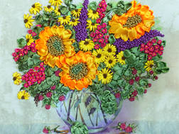 Фото: картина для вышивания лентами букет полевых цветов с подсолнухами