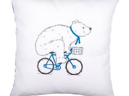 фото: подушка, вышитая гладью, набор для начинающих, Медведь на велосипеде