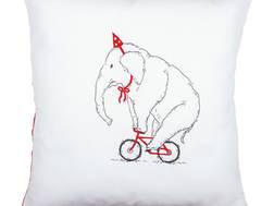 фото: подушка, вышитая гладью, набор для начинающих, Слон на велосипеде