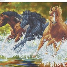 фото: картина, вышитая бисером, Бегущие лошади