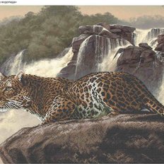 фото: картина, вышитая бисером, Леопард у водопада