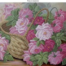 фото: картина, вышитая бисером, Розы в корзине