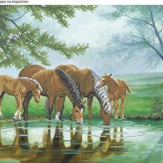 фото: картина, вышитая бисером, Лошади на водопое