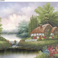 фото: картина, вышитая бисером, Дом у реки