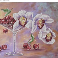 фото: картина, вышитая бисером, Вишни и орхидеи