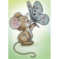 фото: картина, вышитая бисером, Мышонок с бабочкой