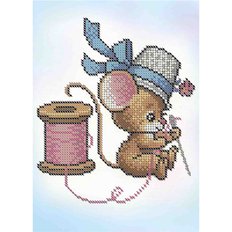 фото: картина, вышитая бисером, Мышка рукодельница