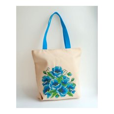 фото: сшитая сумка для вышивки бисером или нитками Маки синие