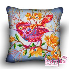 фото: подушка, вышитая крестиком, Розовая птица