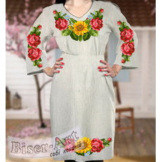 фото: льняное женское платье (заготовка) с вышивкой розы и подсолнухи