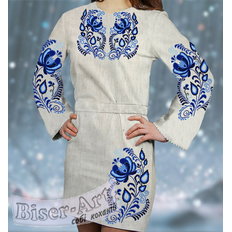 фото: льняное женское платье (заготовка) с вышивкой голубой цветочный узор