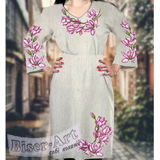 фото: льняное женское платье (заготовка) с вышивкой веточка розовых цветов