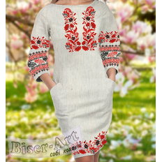 фото: льняное женское платье (заготовка) с вышивкой традиционный двухцветный цветочный узор