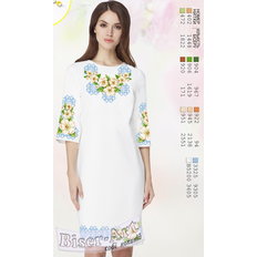 фото: белое женское платье (заготовка) с вышивкой белые цветы и голубой орнамент