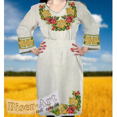 фото: льняное женское платье (заготовка) с вышивкой большие цветы и золотой орнамент