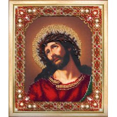 изображение: вышитая бисером Икона Господа Иисуса Христа Спаситель в терновом венце