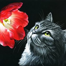 фото: картина в алмазной технике Котик с тюльпаном