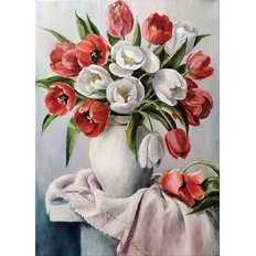 фото: картина для алмазной вышивки, Красные и белые тюльпаны