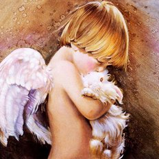 фото: картина для вышивки в алмазной технике, Ангелочек с кроликом Художник Nancy А. Noel