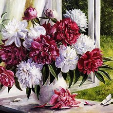 фото: картина для вышивки в алмазной технике, Пионы на окне