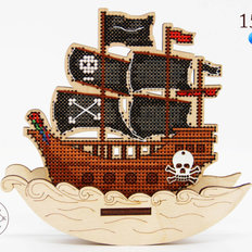фото: деревянная фигурка, вышитая нитками, Пиратский корабль