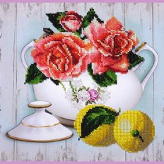 фото: картина для вышивки бисером, чашка с цветами и лимонами