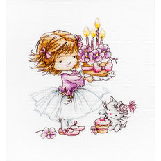 фото: картина, вышитая крестиком, Девочка с котёнком и тортиком
