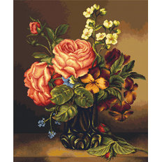 фото: картина, вышитая гобеленовым швом, Ваза с розами и цветами