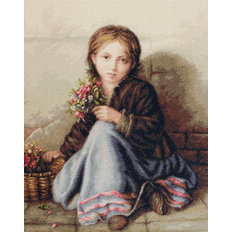 фото: картина, вышитая гобеленовым швом, Девочка с цветами