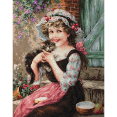 фото: картина для вышивки, гобелен, Девочка и котенок