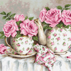 фото: картина гобелен, Утренний чай и розы