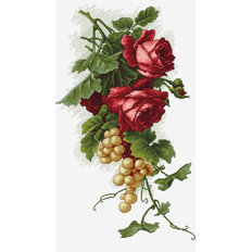 фото: картина, вышитая крестиком, Красные розы с виноградом