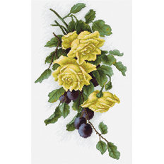 фото: картина, вышитая крестиком, Жёлтые розы с виноградом