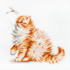 фото: картина, вышитая крестиком, Кошка со стрекозой