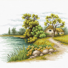 фото: картина, вышитая крестиком, Пейзаж с озером