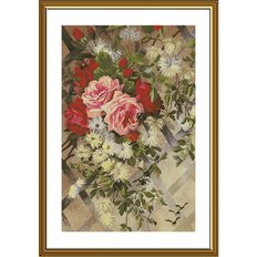 фото: картина, вышитая нитками на канве с фоновым изображением, В саду из роз