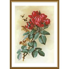 фото: картина, вышитая нитками на канве с фоновым изображением, Роза красная