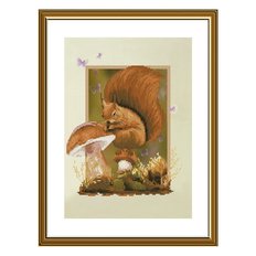 фото: картина, вышитая нитками на канве с фоновым изображением, Белка и гриб