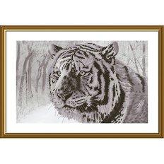 фото: картина, вышитая нитками на канве с фоновым изображением, Бенгальский тигр