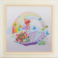 фото: картина для вышивки нитками, зонт, цветы и радуга
