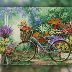 фото: картина в алмазной технике Велосипед у цветочного сада