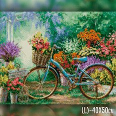 фото: картина в алмазной технике Велосипед у цветочного сада