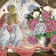 фото: картина, вышитая бисером, Пара голубей