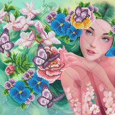 фото: картина, вышитая бисером, Девушка в цветах