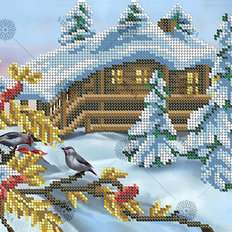 фото: картина, вышитая бисером, Зимний домик