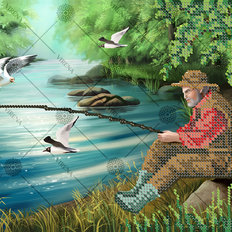 фото: картина, вышитая бисером, Рыбак