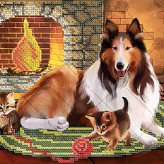 фото: картина, вышитая бисером, Собака и котята фото: картина, вышитая бисером, Собака и котята