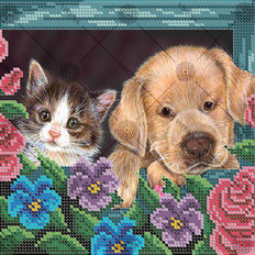 фото: картина, вышитая бисером, Щенок и котенок
