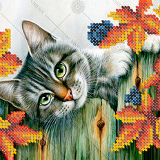 фото: картина, вышитая бисером, Кошка