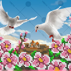 фото: картина, вышитая бисером, Семья белых голубей